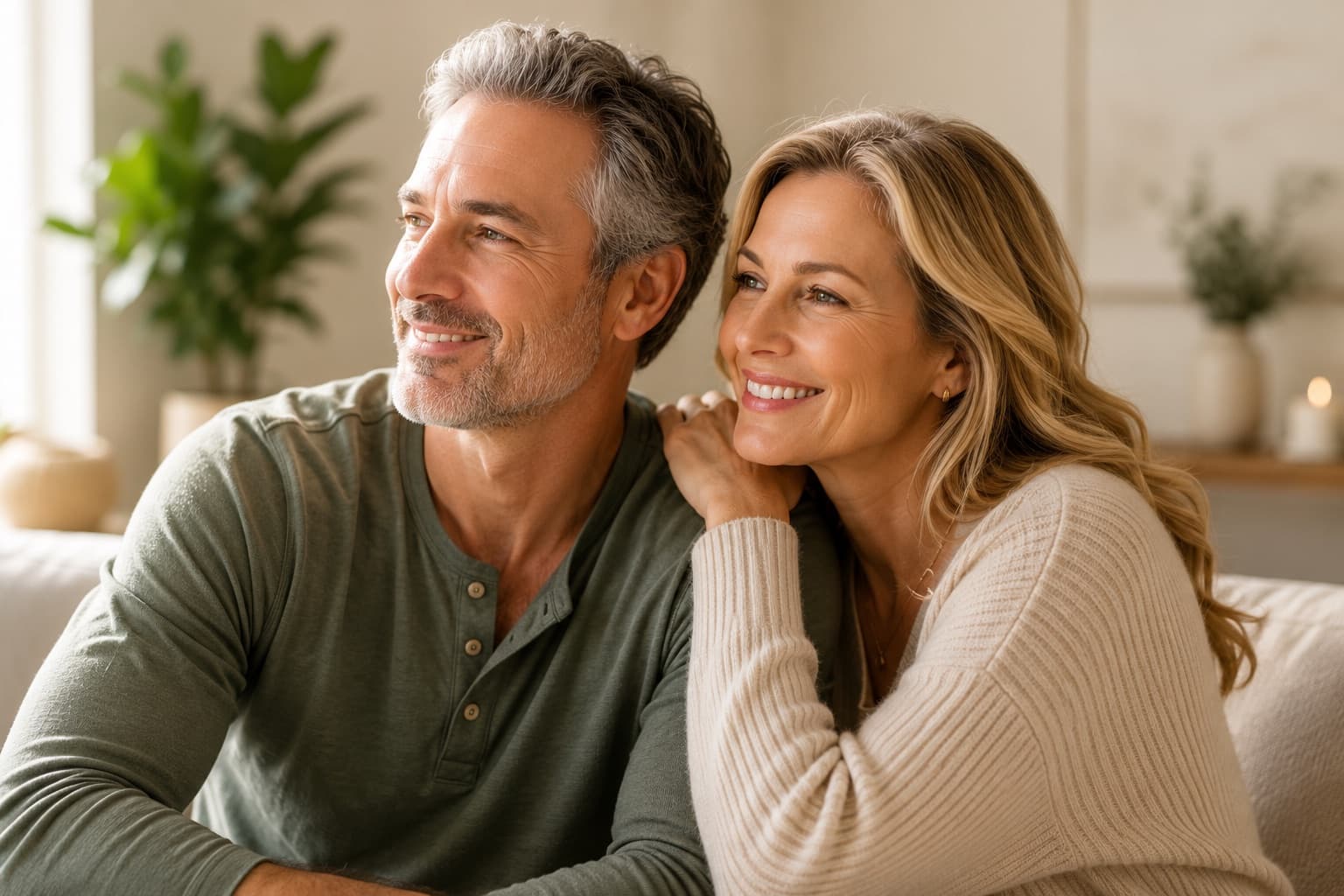A happy, relaxed middle-aged couple at home