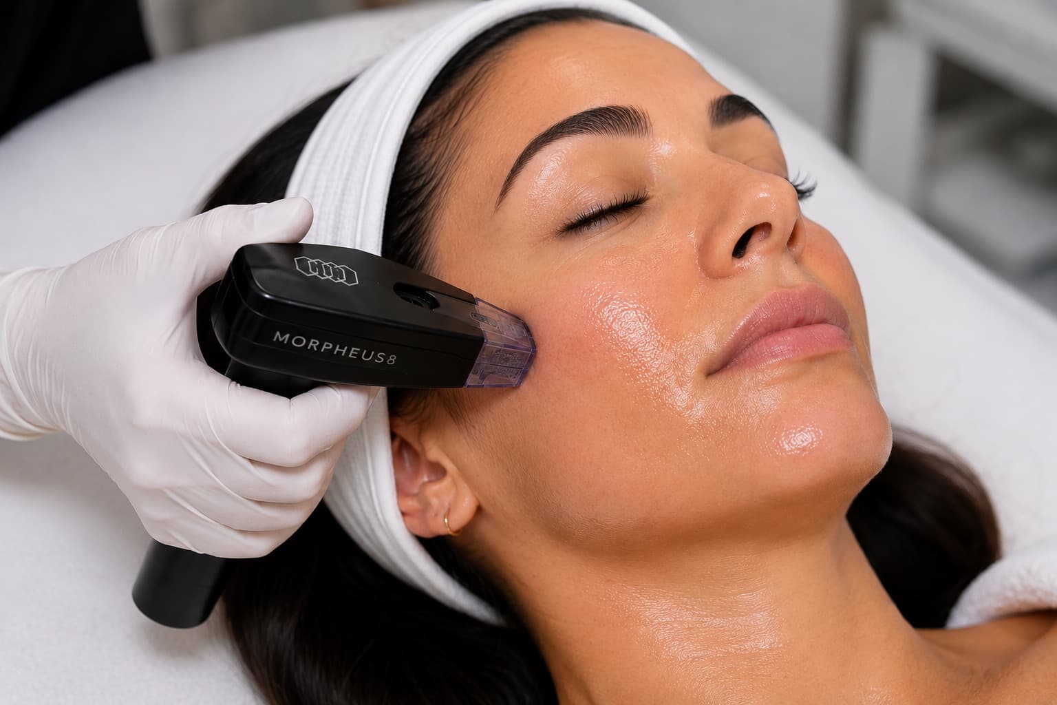 A woman receiving a Morpheus8 radiofrequency microneedling treatment