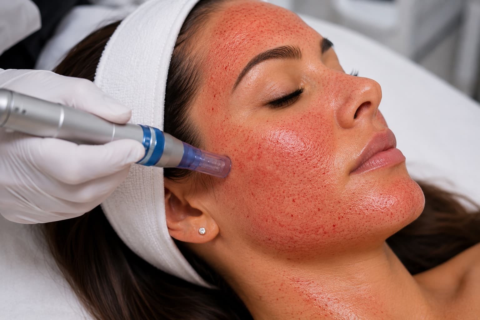 A woman receiving a microneedling facial treatment